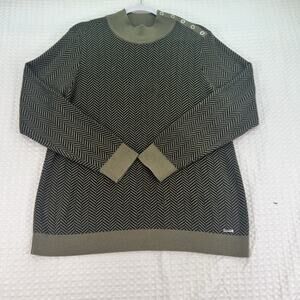 Calvin Klein Women’s Large Herringbone Mock Neck Sweater Button Shoulder Olive